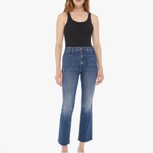 Mother hustler patch pocket jeans ankle fray healing jar high rise zip flare